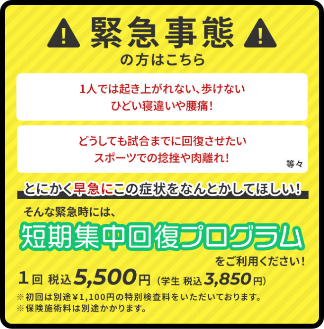 緊急事態の方はこちら。一人では起き上がれない、歩けない、ひどいね違いや腰痛、どうしても試合までに快復させたい、スポーツでの捻挫や肉離れ。とにかく早急にこの症状を何とかしてほしい。そんな緊急時には短期集中回復プログラムをご利用ください。1回5,500円(税込み)